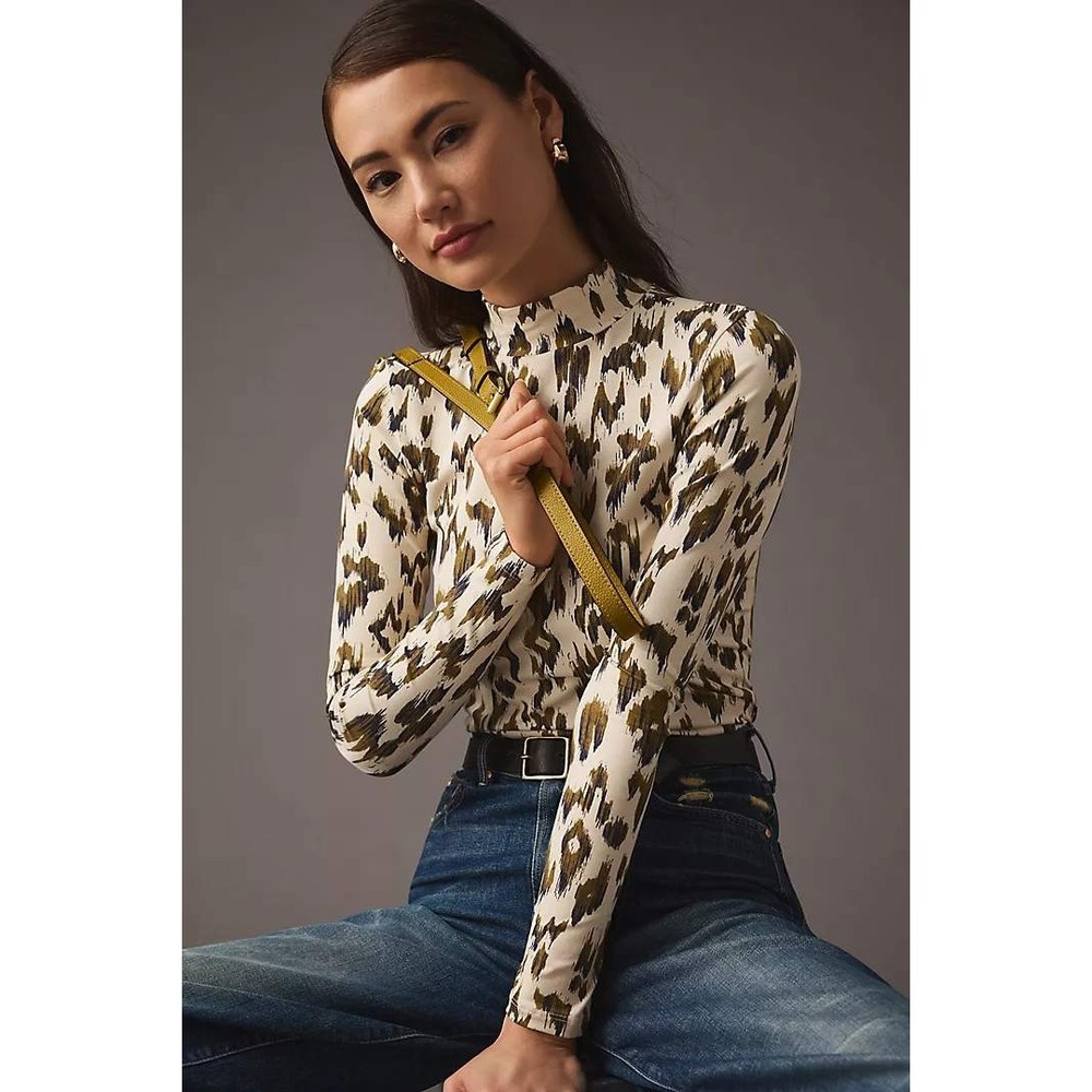 Scotch & Soda Amsterdam Mock Neck Ikat Animal Print Long Sleeve Top Small